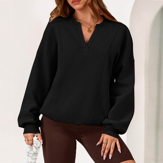 BXINGOHAI Womens V Neck Sweatshirts with Pockets Fleece Pullover Casual Loose Fit Long Sleeve Tops Fall Clothes Black L