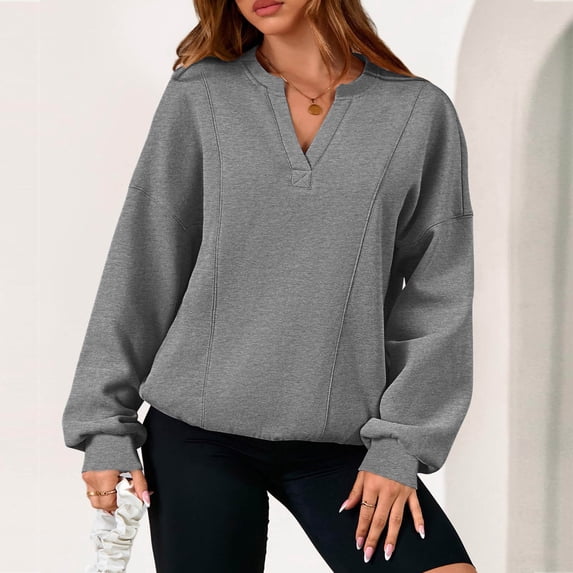 BXINGOHAI Womens V Neck Sweatshirts with Pockets Fleece Pullover Casual Loose Fit Long Sleeve Tops Fall Clothes Gray 2XL
