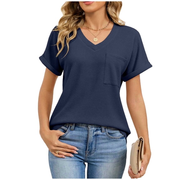 BXINGOHAI Womens V Neck T-Shirts Short Sleeve Waffle Knit Oversized Loose Fit Casual Summer Tees Basic Tops Navy S