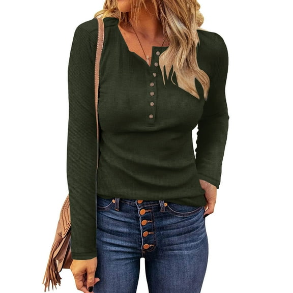 BXINGOHAI Womens Waffle Knit Tunic Tops Loose Long Sleeve Button Up V Neck Henley Shirts Army Green S