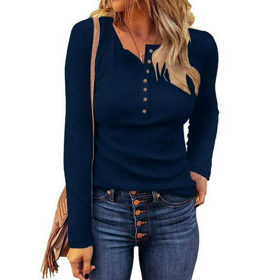 BXINGOHAI Womens Waffle Knit Tunic Tops Loose Long Sleeve Button Up V Neck Henley Shirts Navy L