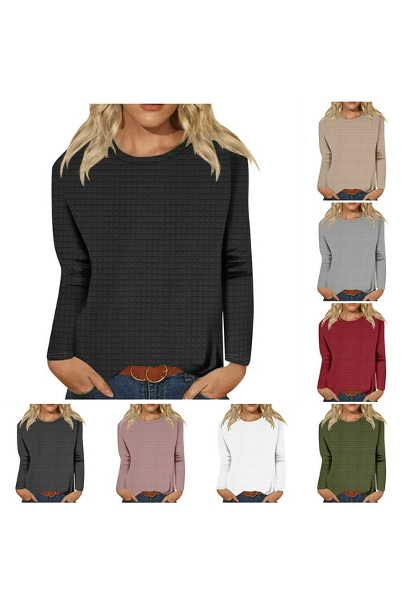 Womens Waffle Knit Tunic Tops Loose Long Sleeve Crewneck Henley Shirts Wine S