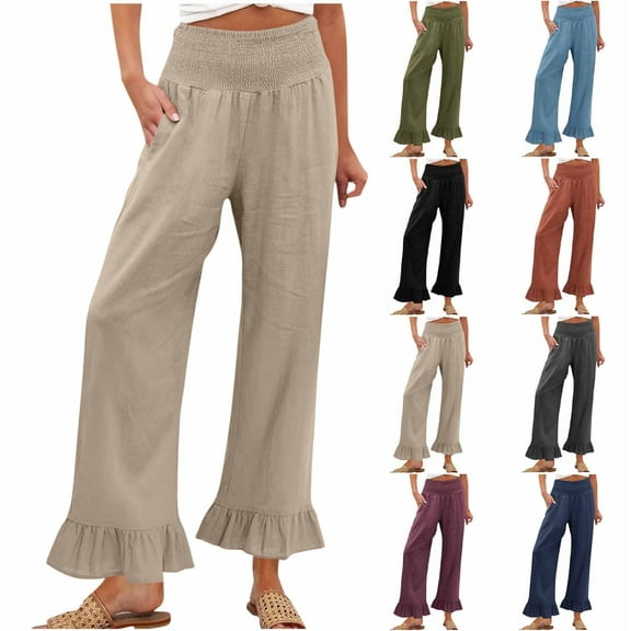 BXINGOHAI Womens Wide Leg Pants Drawstring Elastic High Waisted Ruffle Hem Palazzo Pants with Pockets Dark Blue S