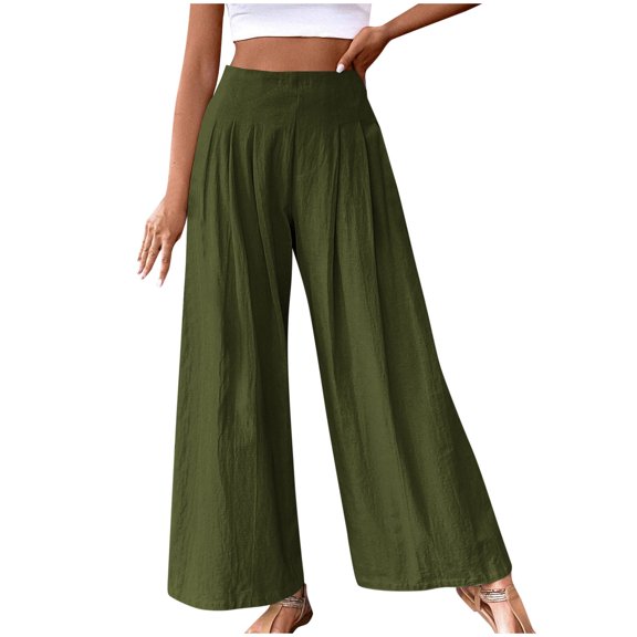 BXINGOHAI Womens Wide Leg Pants Solid High Waist Pant Casual Drawstring Pants 2024 Outdoor Travel Vacation Long Pants Today Green,XXL