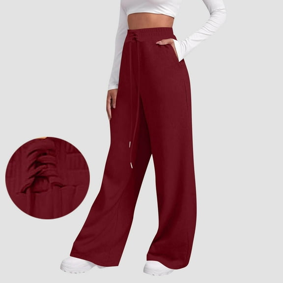 BXINGOHAI Womens Wide Leg Sweatpants Fleece Lined Baggy Pants Drawstring Athletic Joggers Fashion Winter Outfits Wine M