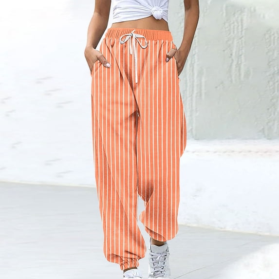 BXINGOHAI Womens Y2k Striped Sweatpants Star Patchwork Straight Leg Drawstring Baggy Sweatpants with Pockets Orange M