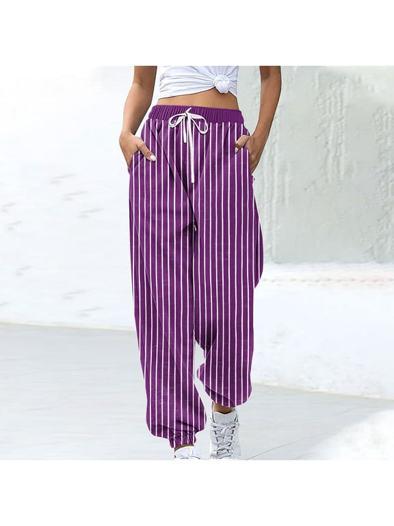 Womens Y2k Striped Sweatpants Star Patchwork Straight Leg Drawstring Baggy Sweatpants with Pockets Purple L