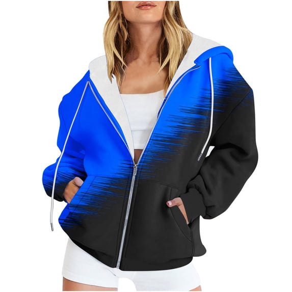 BXINGOHAI Womens Zip Up Hoodies Color Block Long Sleeve Sweatshirts Casual Y2K Hoodie 2024 Fall Jacket With Pockets Blue,M