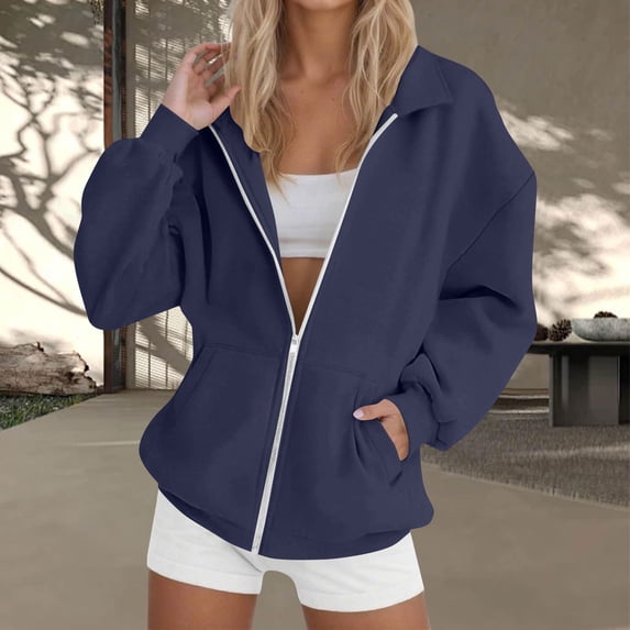 BXINGOHAI Womens Zip Up Hoodies Long Sleeve Fit Hooded Sweatshirts Casual Lightweight Jacket Navy S