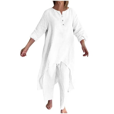 BXINGOHAI Womens plus size 2 Piece Sets Fashion Button Up Outfits Long Sleeve Crewneck Shirts and Elastic Waist Long Pants outdoor casual set Fall Savings White,XXXXL