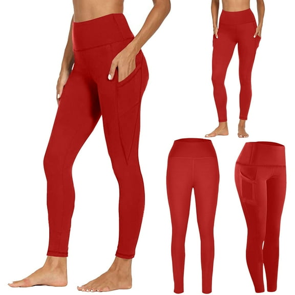 BXINGOHAI Yoga Pants for Women with Pockets High Waisted Leggings Workout Sports Running Athletic Pants Red M
