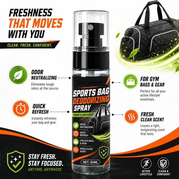 BXIRSM 2 fl oz Sports Bag Deodorizing Spray,Fresh Clean Scent Odor Neutralizer,Quick Refresh Gym Bag Deodorizer for Shoes,Workout Gear