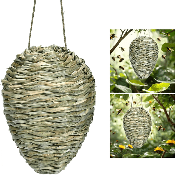 BXIRSM 9" Beehive Ornament Hanging Decor for Outdoor Garden, Courtyard, Patio Porch and Eaves, Natural Woven Straw Design, Brown