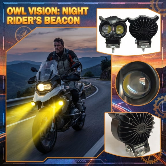 BXIRSM Owl Shaped Motorcycle LED Auxiliary Spotlight, Dual Lens Hi/Low Beam + Strobe Flash Fog Light, Waterproof 12-24V Motorbike Driving Lamp