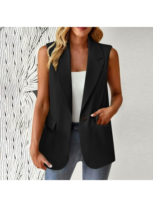 BXJX 2025 Womens Work & Casual Solid Color Blazers With Pockets- Sleeveless Open Front Business Office Professional Suit Jacket Black Size 3XL