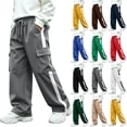 thumbnail image 1 of BXJX Boys Cargo Pants 14-16, Straight‑Leg Side Stripe Multi Pocket Elastic Waist Casual Trousers, 1 of 9