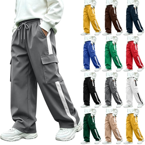 BXJX Boys Cargo Pants 14-16, Straight‑Leg Side Stripe Multi Pocket Elastic Waist Casual Trousers
