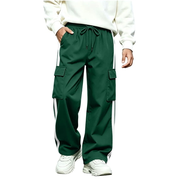 BXJX Boys Cargo Pants, Elastic Waist Side Stripe Straight‑Leg Multi Pocket Casual Trousers Army Green Size 7-8 T