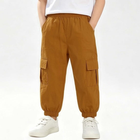 BXJX Boys Cargo Pants, Elastic Bottom Summer Casual Elastic Waist Kids Jogger Pants Orange Size 12-13 T