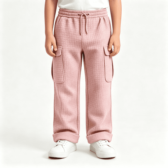 BXJX Boys Cargo Pants, Fall Casual Elastic Waist Multi Pocket Waffle Knit Trousers Pink Size 9-10 T