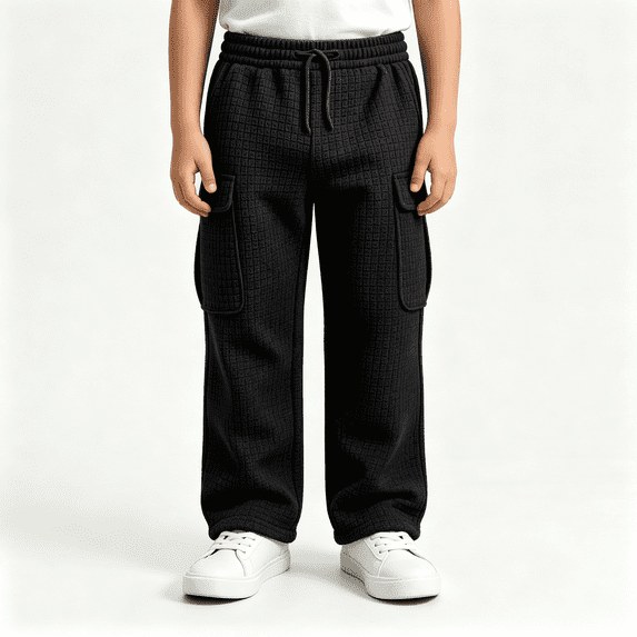 BXJX Boys Cargo Pants, Fall Casual Multi Pocket Elastic Waist Waffle Knit Trousers Black Size 12-13 T