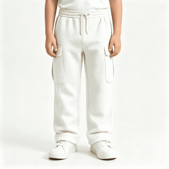 BXJX Boys Cargo Pants, Fall Multi Pocket Elastic Waist Casual Waffle Knit Trousers White Size 10-11 T