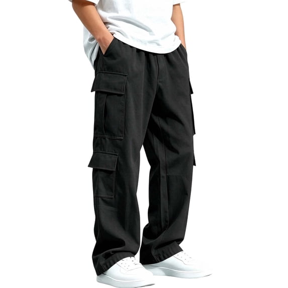 BXJX Boys Cargo Pants, Multi‑Pocket Wide Leg Elastic Waist Hiking Outdoor Pants for Fall Winter Black Size 12-13 T