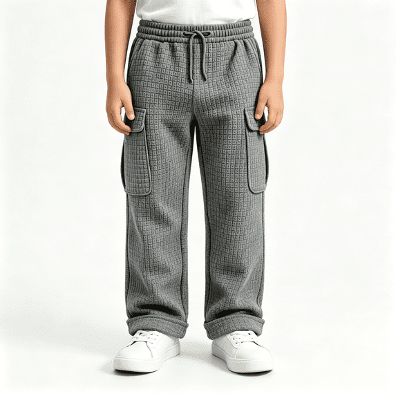 BXJX Boys Cargo Pants Size 10-12, Casual Fall Elastic Waist Multi Pocket Waffle Knit Trousers Gray