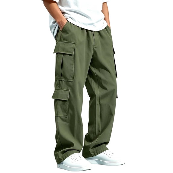 BXJX Boys Cargo Pants Size 10-12, Hiking Elastic Waist Multi‑Pocket Wide Leg Outdoor Pants for Fall Winter Army Green