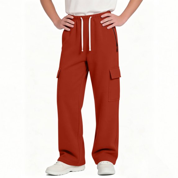 BXJX Boys Cargo Sweatpants, Casual Straight-Leg Elastic Waist Relaxed Fit Kids Athletic Pants with Drawstring Orange Size 9-10 T