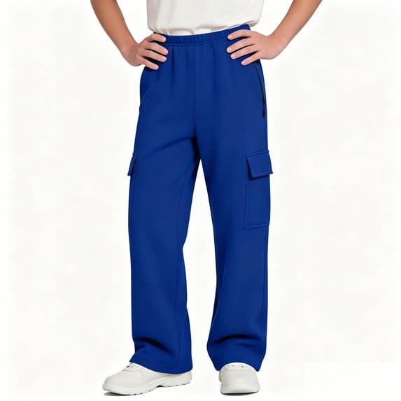 BXJX Boys Cargo Sweatpants, Elastic Waist Multi‑Pocket School Straight Leg Kids Casual Pants Blue Size 7-8 T