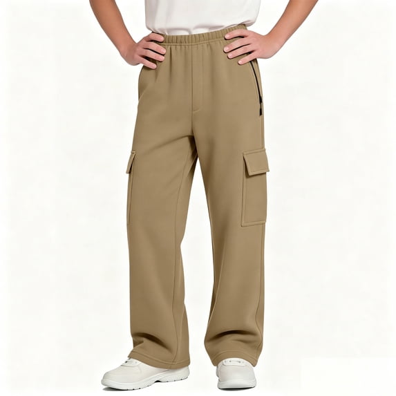 BXJX Boys Cargo Sweatpants, Elastic Waist School Straight Leg Multi‑Pocket Kids Casual Pants Khaki Size 11-12 T