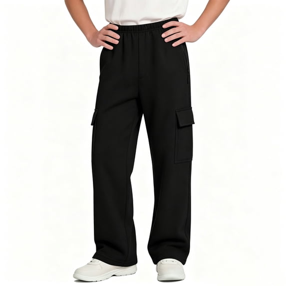 BXJX Boys Cargo Sweatpants, Elastic Waist Straight Leg Multi‑Pocket School Kids Casual Pants Black Size 11-12 T