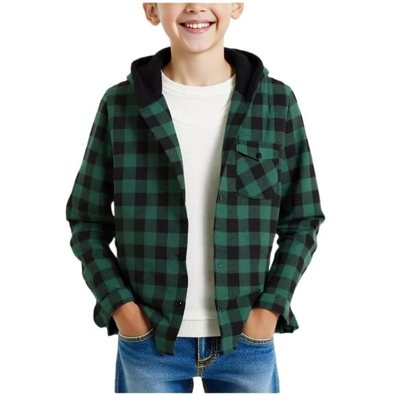 BXJX Boys Casual Hoodies- Fall Long Sleeve Button Front Cute Plaid Shirt Green Size 8