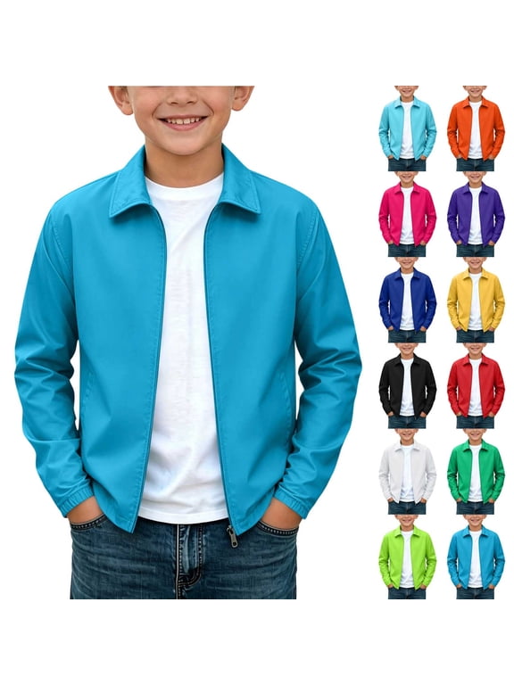 Boys Collared Jackets Size 10-12 T, Casual Long Sleeve Zip Up Lightweight Kids Windbreaker Light Blue
