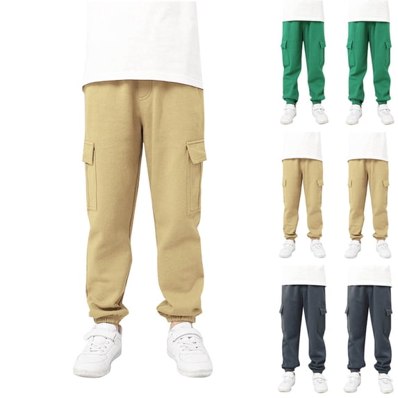 BXJX Boys Cotton Cargo Sweatpants Size 8, Multiple Pockets Outdoor Stretchable Elastic Waist Kids Jogger Pants Khaki