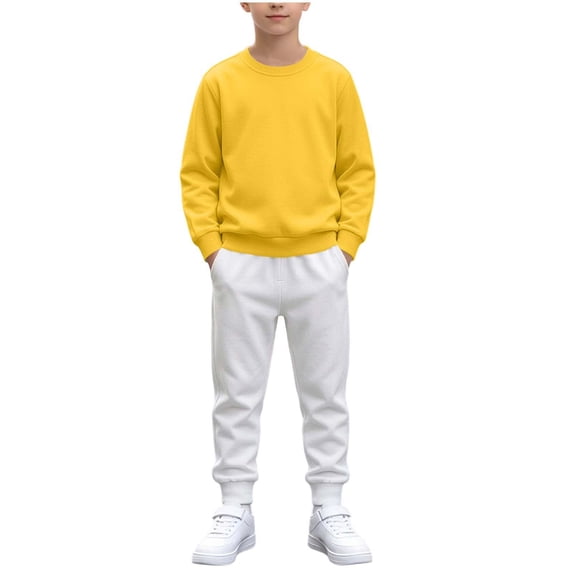 BXJX Boys Cotton Outfit Sets, Casual Long Sleeve 2 Piece Crew Neck Sweatshirts and Joggers Sets Yellow Size 5-6 T
