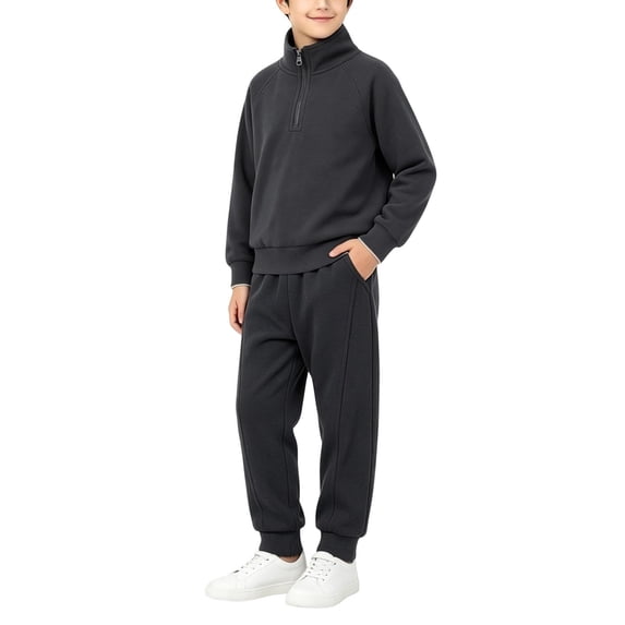 BXJX Boys Cotton Outfit Sets, Half Zip Long Sleeve Stand-up Collar 2 PC Sweatshirts and Sweatpants Sets Dark Gray Size 7-8 T