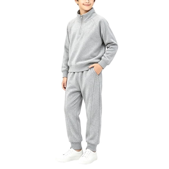 BXJX Boys Cotton Outfit Sets, Long Sleeve Stand-up Collar Half Zip 2 PC Sweatshirts and Sweatpants Sets Gray Size 7-8 T