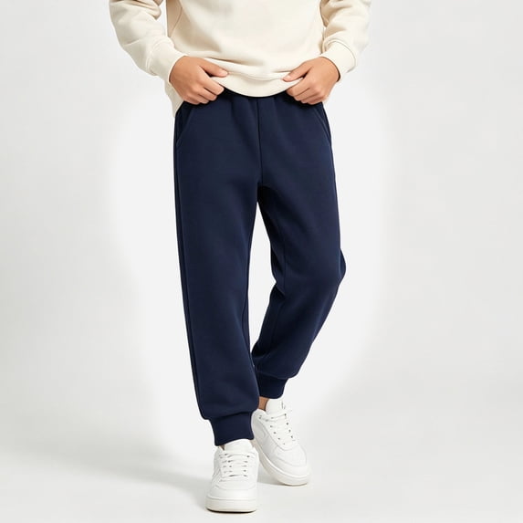 BXJX Boys Cotton Sweatpants, Elastic Waist Stretchy Side Pockets School Jogger Pants for Kids Navy Size 11-12 T