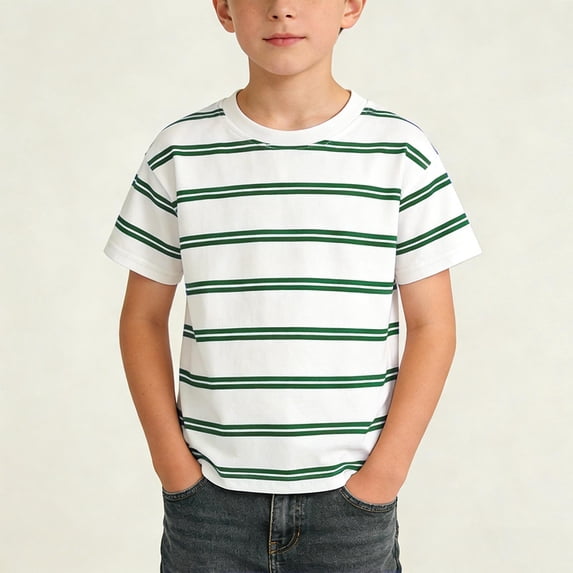 BXJX Boys Cotton T-Shirts, Crew Neck Summer Short Sleeves Striped Tees for Kids Green Size 7-8 T