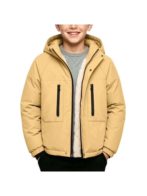 Boys Fleece Lined Jackets, Zipper Waterproof Outdoor Long Sleeve Winter Hooded Coats Yellow Size 5-6 T
