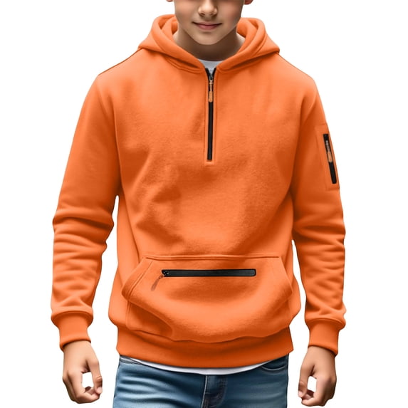 BXJX Boys Half Zip Hoodies, Multi‑Pocket Warm Outdoor Long Sleeve Pullover Tops for Fall Winter Orange Size 5-6 T