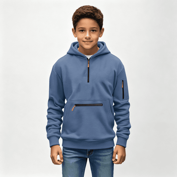 BXJX Boys Half Zip Hoodies Size 10-12, Multi‑Pocket Warm Long Sleeve Outdoor Pullover Tops for Fall Winter Blue