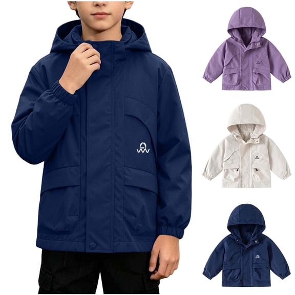 BXJX Boys Hooded Rain Jackets, Waterproof Full Zip Long Sleeve Outdoor Lightweight Jackets with Pockets Navy Size 10-12 T