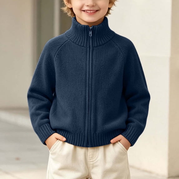 BXJX Boys Knit Sweaters, Casual Full Zip Mock Neck Long Sleeve Fall Winter Sweater Tops Navy Size 12-13 T