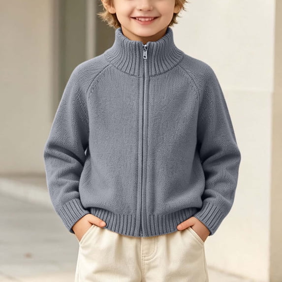 BXJX Boys Knit Sweaters, Full Zip Casual Mock Neck Long Sleeve Fall Winter Sweater Tops Gray Size 6-7 T