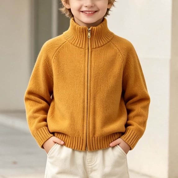 BXJX Boys Knit Sweaters Size 8 T, Casual Mock Neck Full Zip Long Sleeve Fall Winter Sweater Tops Yellow