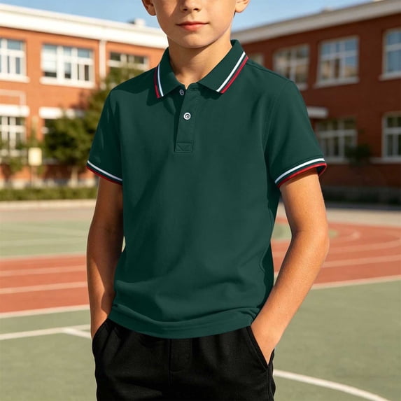 BXJX Boys Knitted Polo Shirts, Short Sleeve Dressy Collared Summer Kids School Uniform Tops Green Size 5-6 T