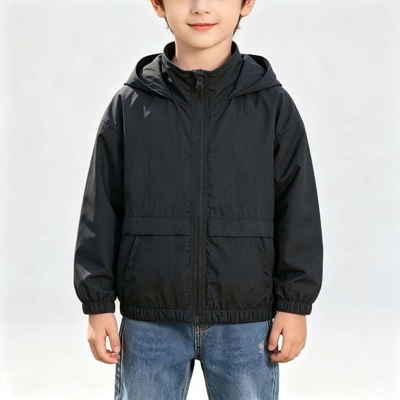 BXJX Boys Lightweight Jackets, Hooded Long Sleeve Sport Casual Kids Outerwear with Pockets Black Size 8-9 T